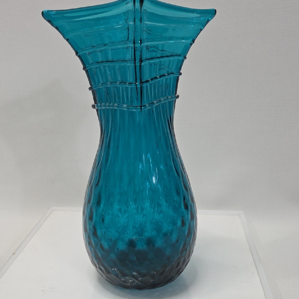 Blenko 1110 Optic Vase Seabreeze Blue 10.5" Applied Clear Swirl - Picture 3 of 7
